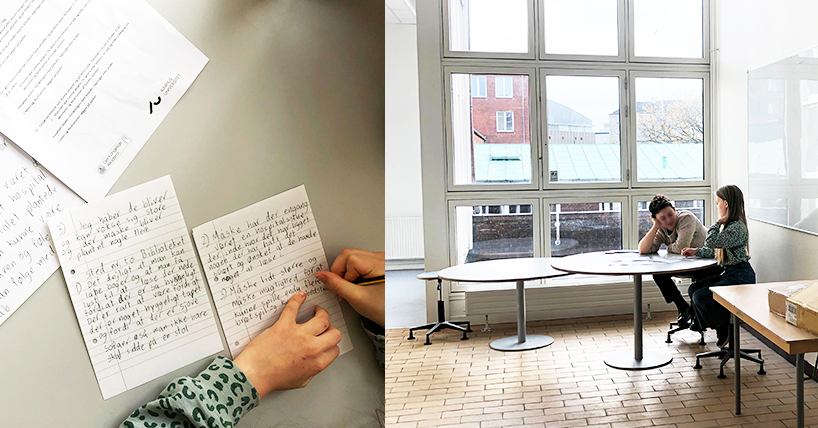students writing stories about their school spaces and an image of a classroom in Denmark